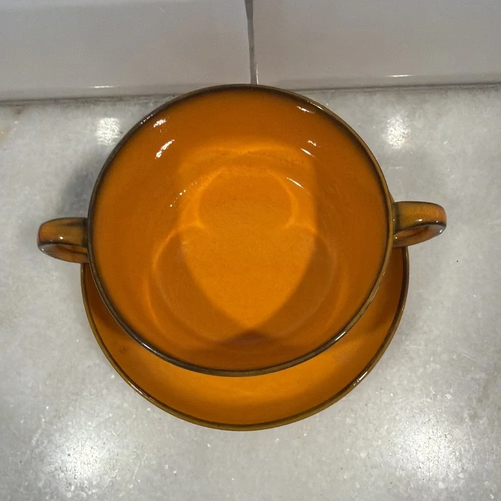 Vintage Thomas Flammfest Danish Gold Soup Cup Saucer MCM Oven Safe GW993